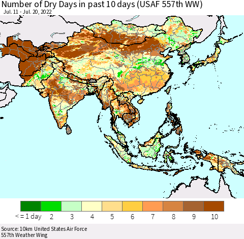 Asia Number of Dry Days in past 10 days (USAF 557th WW) Thematic Map For 7/16/2022 - 7/20/2022