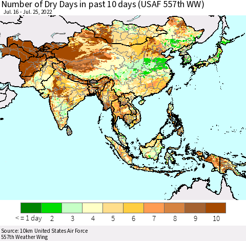 Asia Number of Dry Days in past 10 days (USAF 557th WW) Thematic Map For 7/21/2022 - 7/25/2022