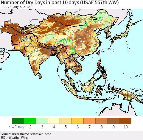 Asia Number of Dry Days in past 10 days (USAF 557th WW) Thematic Map For 8/1/2022 - 8/5/2022