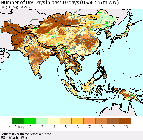 Asia Number of Dry Days in past 10 days (USAF 557th WW) Thematic Map For 8/6/2022 - 8/10/2022