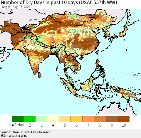 Asia Number of Dry Days in past 10 days (USAF 557th WW) Thematic Map For 8/11/2022 - 8/15/2022
