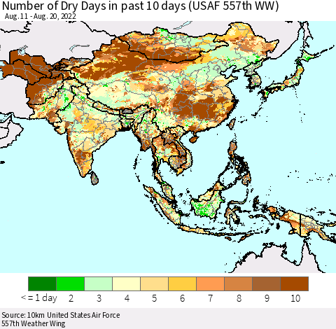 Asia Number of Dry Days in past 10 days (USAF 557th WW) Thematic Map For 8/16/2022 - 8/20/2022