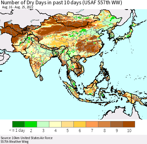 Asia Number of Dry Days in past 10 days (USAF 557th WW) Thematic Map For 8/21/2022 - 8/25/2022