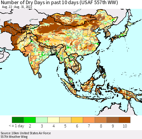 Asia Number of Dry Days in past 10 days (USAF 557th WW) Thematic Map For 8/26/2022 - 8/31/2022