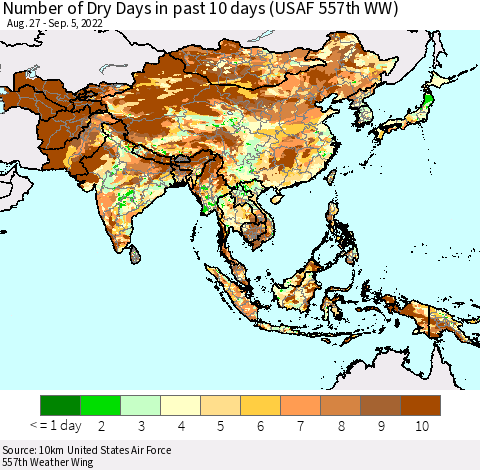 Asia Number of Dry Days in past 10 days (USAF 557th WW) Thematic Map For 9/1/2022 - 9/5/2022