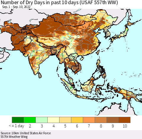 Asia Number of Dry Days in past 10 days (USAF 557th WW) Thematic Map For 9/6/2022 - 9/10/2022
