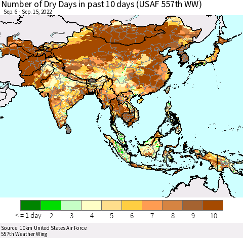 Asia Number of Dry Days in past 10 days (USAF 557th WW) Thematic Map For 9/11/2022 - 9/15/2022