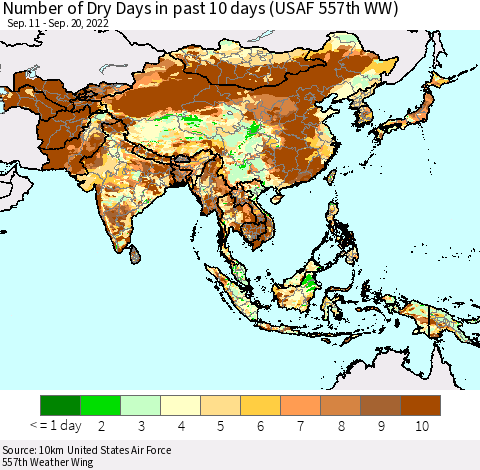 Asia Number of Dry Days in past 10 days (USAF 557th WW) Thematic Map For 9/16/2022 - 9/20/2022
