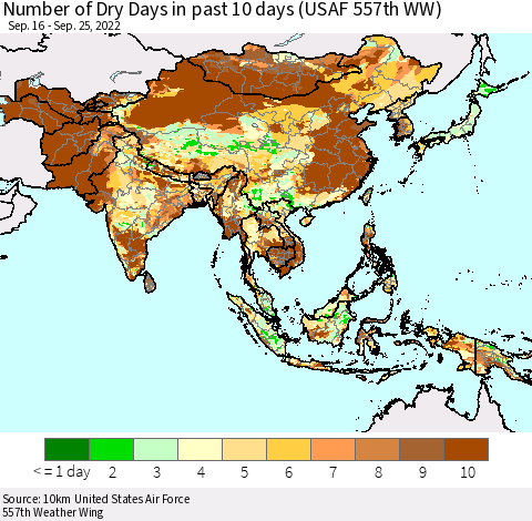 Asia Number of Dry Days in past 10 days (USAF 557th WW) Thematic Map For 9/21/2022 - 9/25/2022