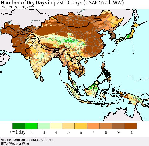 Asia Number of Dry Days in past 10 days (USAF 557th WW) Thematic Map For 9/26/2022 - 9/30/2022