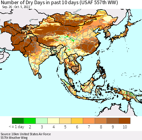 Asia Number of Dry Days in past 10 days (USAF 557th WW) Thematic Map For 10/1/2022 - 10/5/2022