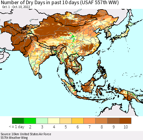 Asia Number of Dry Days in past 10 days (USAF 557th WW) Thematic Map For 10/6/2022 - 10/10/2022