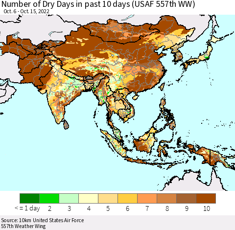 Asia Number of Dry Days in past 10 days (USAF 557th WW) Thematic Map For 10/11/2022 - 10/15/2022