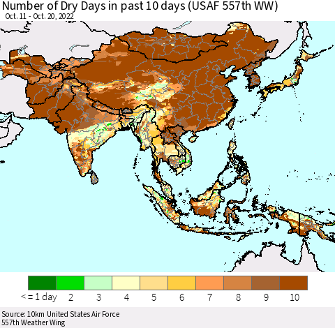 Asia Number of Dry Days in past 10 days (USAF 557th WW) Thematic Map For 10/16/2022 - 10/20/2022