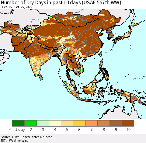Asia Number of Dry Days in past 10 days (USAF 557th WW) Thematic Map For 10/21/2022 - 10/25/2022