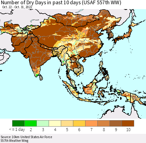 Asia Number of Dry Days in past 10 days (USAF 557th WW) Thematic Map For 10/26/2022 - 10/31/2022