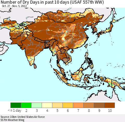 Asia Number of Dry Days in past 10 days (USAF 557th WW) Thematic Map For 11/1/2022 - 11/5/2022