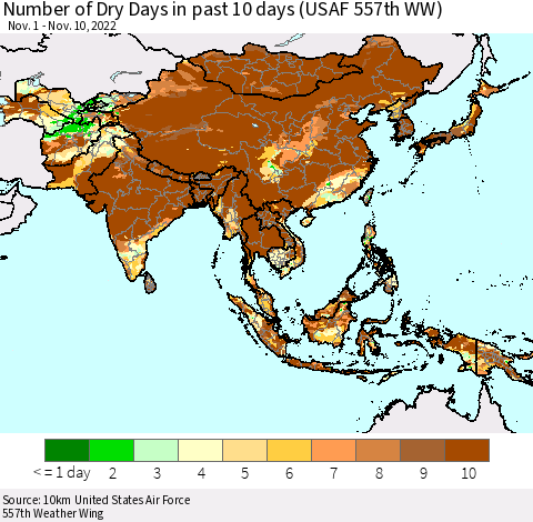 Asia Number of Dry Days in past 10 days (USAF 557th WW) Thematic Map For 11/6/2022 - 11/10/2022