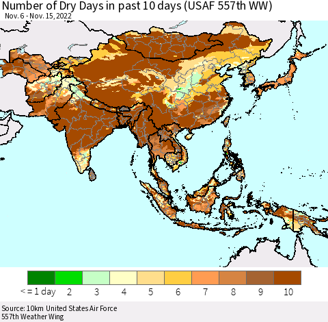 Asia Number of Dry Days in past 10 days (USAF 557th WW) Thematic Map For 11/11/2022 - 11/15/2022
