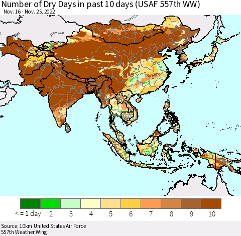 Asia Number of Dry Days in past 10 days (USAF 557th WW) Thematic Map For 11/21/2022 - 11/25/2022