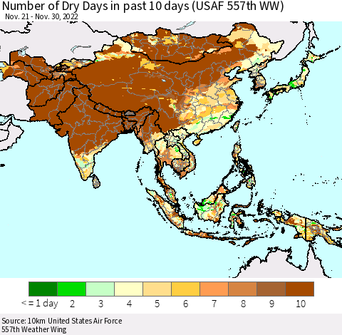 Asia Number of Dry Days in past 10 days (USAF 557th WW) Thematic Map For 11/26/2022 - 11/30/2022