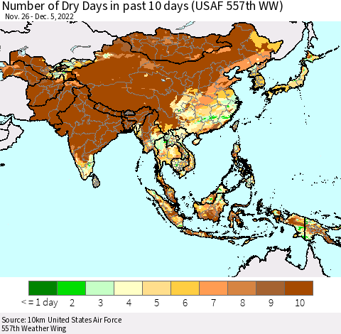 Asia Number of Dry Days in past 10 days (USAF 557th WW) Thematic Map For 12/1/2022 - 12/5/2022