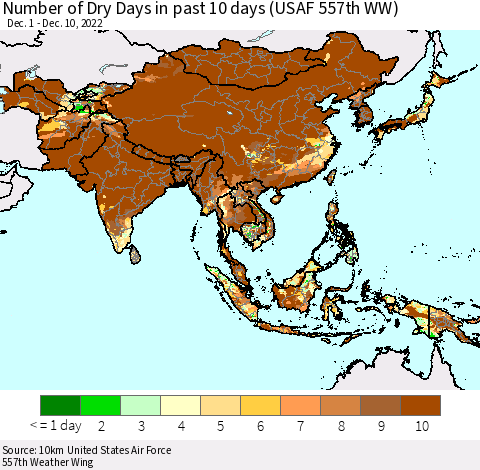 Asia Number of Dry Days in past 10 days (USAF 557th WW) Thematic Map For 12/6/2022 - 12/10/2022