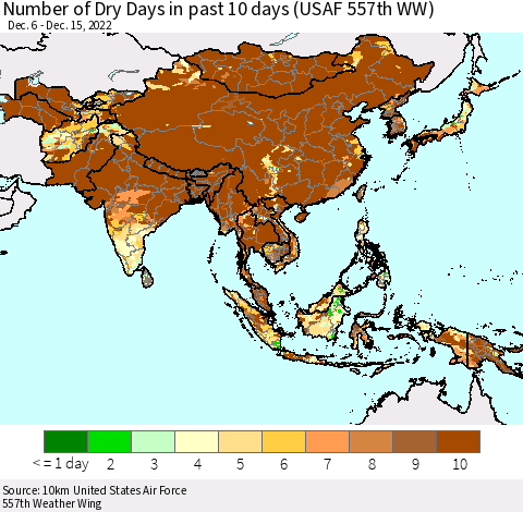 Asia Number of Dry Days in past 10 days (USAF 557th WW) Thematic Map For 12/11/2022 - 12/15/2022