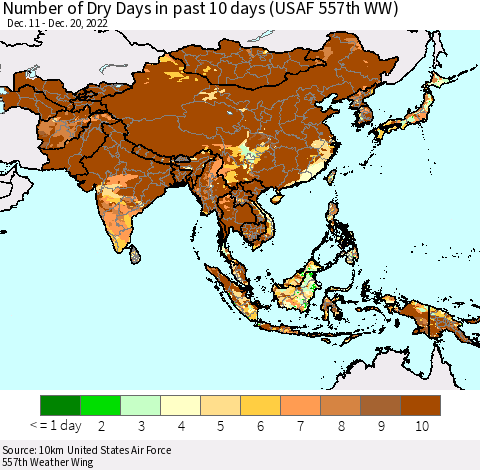 Asia Number of Dry Days in past 10 days (USAF 557th WW) Thematic Map For 12/16/2022 - 12/20/2022