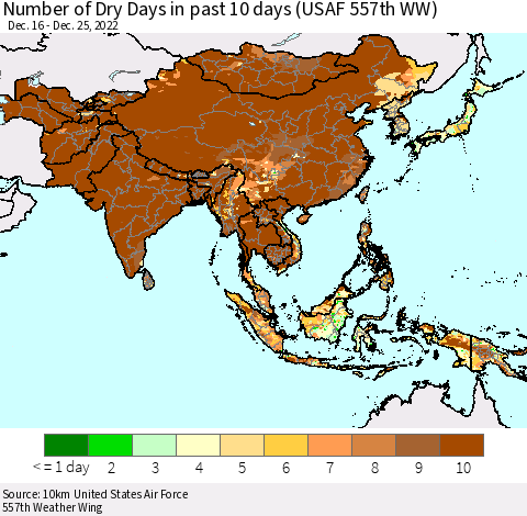 Asia Number of Dry Days in past 10 days (USAF 557th WW) Thematic Map For 12/21/2022 - 12/25/2022