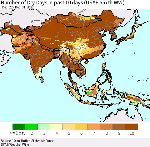 Asia Number of Dry Days in past 10 days (USAF 557th WW) Thematic Map For 12/26/2022 - 12/31/2022