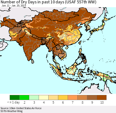 Asia Number of Dry Days in past 10 days (USAF 557th WW) Thematic Map For 1/16/2023 - 1/20/2023