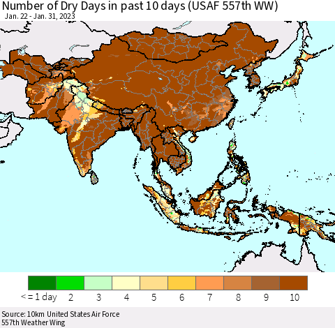Asia Number of Dry Days in past 10 days (USAF 557th WW) Thematic Map For 1/26/2023 - 1/31/2023