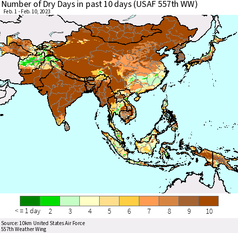 Asia Number of Dry Days in past 10 days (USAF 557th WW) Thematic Map For 2/6/2023 - 2/10/2023