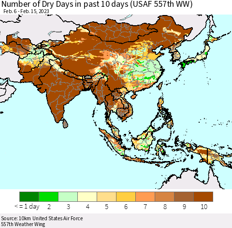 Asia Number of Dry Days in past 10 days (USAF 557th WW) Thematic Map For 2/11/2023 - 2/15/2023