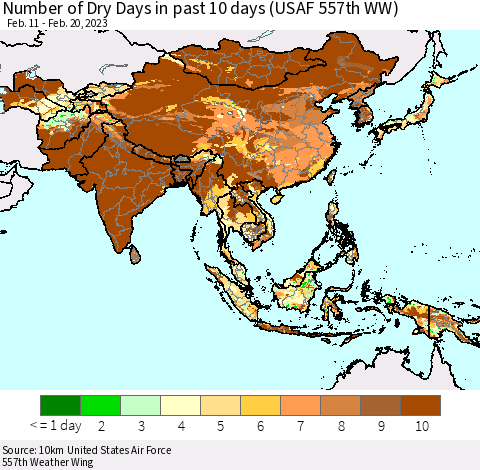 Asia Number of Dry Days in past 10 days (USAF 557th WW) Thematic Map For 2/16/2023 - 2/20/2023