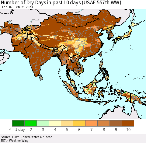 Asia Number of Dry Days in past 10 days (USAF 557th WW) Thematic Map For 2/21/2023 - 2/25/2023