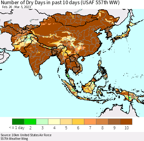 Asia Number of Dry Days in past 10 days (USAF 557th WW) Thematic Map For 3/1/2023 - 3/5/2023