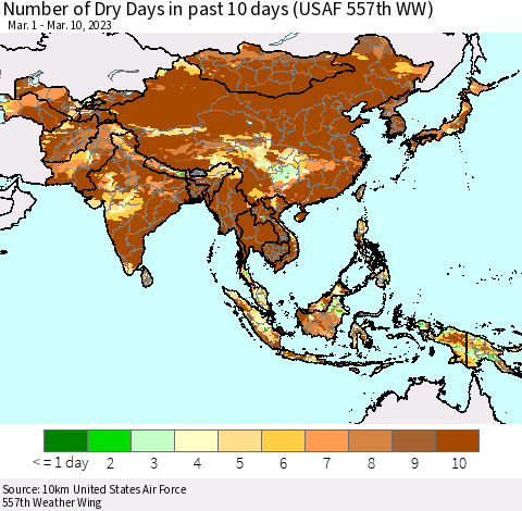 Asia Number of Dry Days in past 10 days (USAF 557th WW) Thematic Map For 3/6/2023 - 3/10/2023