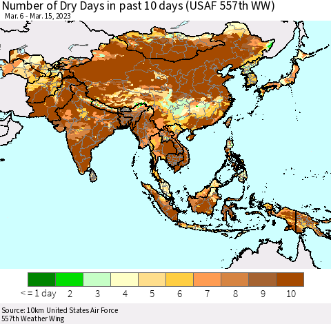 Asia Number of Dry Days in past 10 days (USAF 557th WW) Thematic Map For 3/11/2023 - 3/15/2023