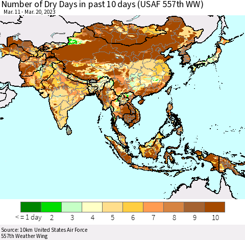 Asia Number of Dry Days in past 10 days (USAF 557th WW) Thematic Map For 3/16/2023 - 3/20/2023