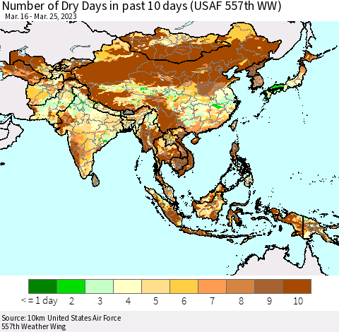 Asia Number of Dry Days in past 10 days (USAF 557th WW) Thematic Map For 3/21/2023 - 3/25/2023