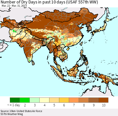 Asia Number of Dry Days in past 10 days (USAF 557th WW) Thematic Map For 3/26/2023 - 3/31/2023