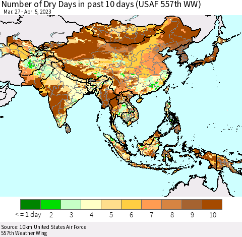 Asia Number of Dry Days in past 10 days (USAF 557th WW) Thematic Map For 4/1/2023 - 4/5/2023
