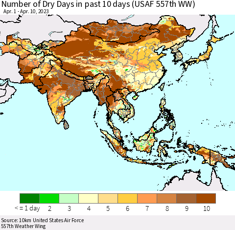 Asia Number of Dry Days in past 10 days (USAF 557th WW) Thematic Map For 4/6/2023 - 4/10/2023