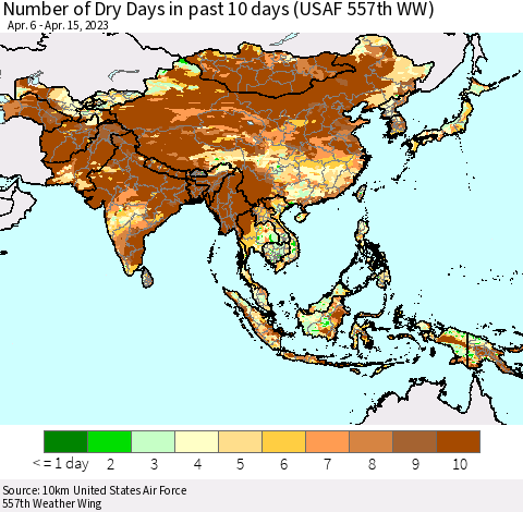 Asia Number of Dry Days in past 10 days (USAF 557th WW) Thematic Map For 4/11/2023 - 4/15/2023