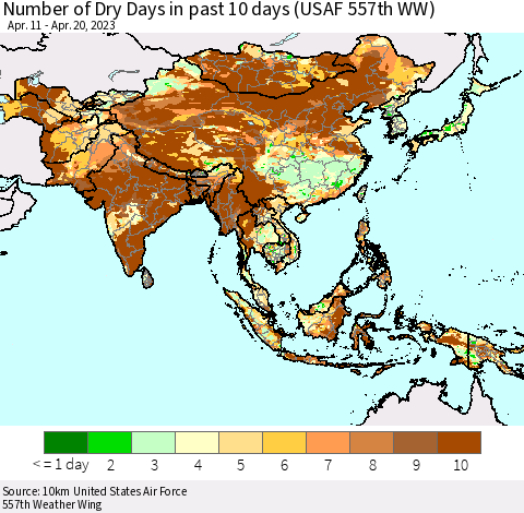 Asia Number of Dry Days in past 10 days (USAF 557th WW) Thematic Map For 4/16/2023 - 4/20/2023