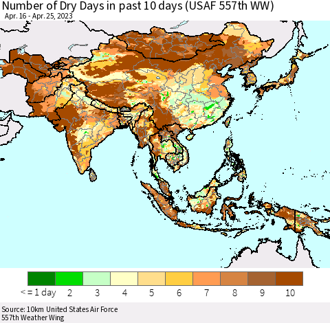 Asia Number of Dry Days in past 10 days (USAF 557th WW) Thematic Map For 4/21/2023 - 4/25/2023