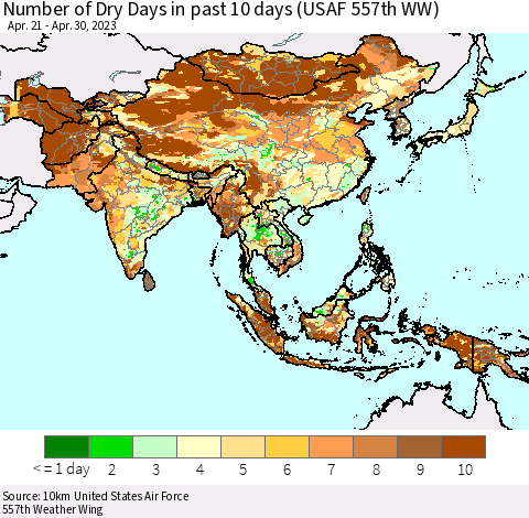 Asia Number of Dry Days in past 10 days (USAF 557th WW) Thematic Map For 4/26/2023 - 4/30/2023
