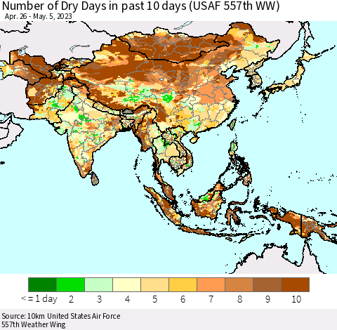 Asia Number of Dry Days in past 10 days (USAF 557th WW) Thematic Map For 5/1/2023 - 5/5/2023